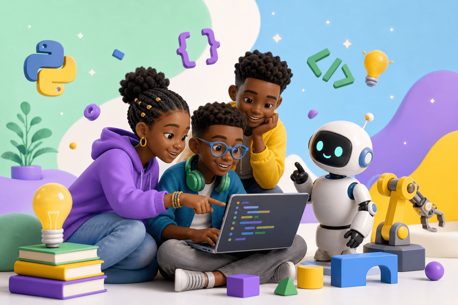 African children learning coding with a laptop and a friendly robot